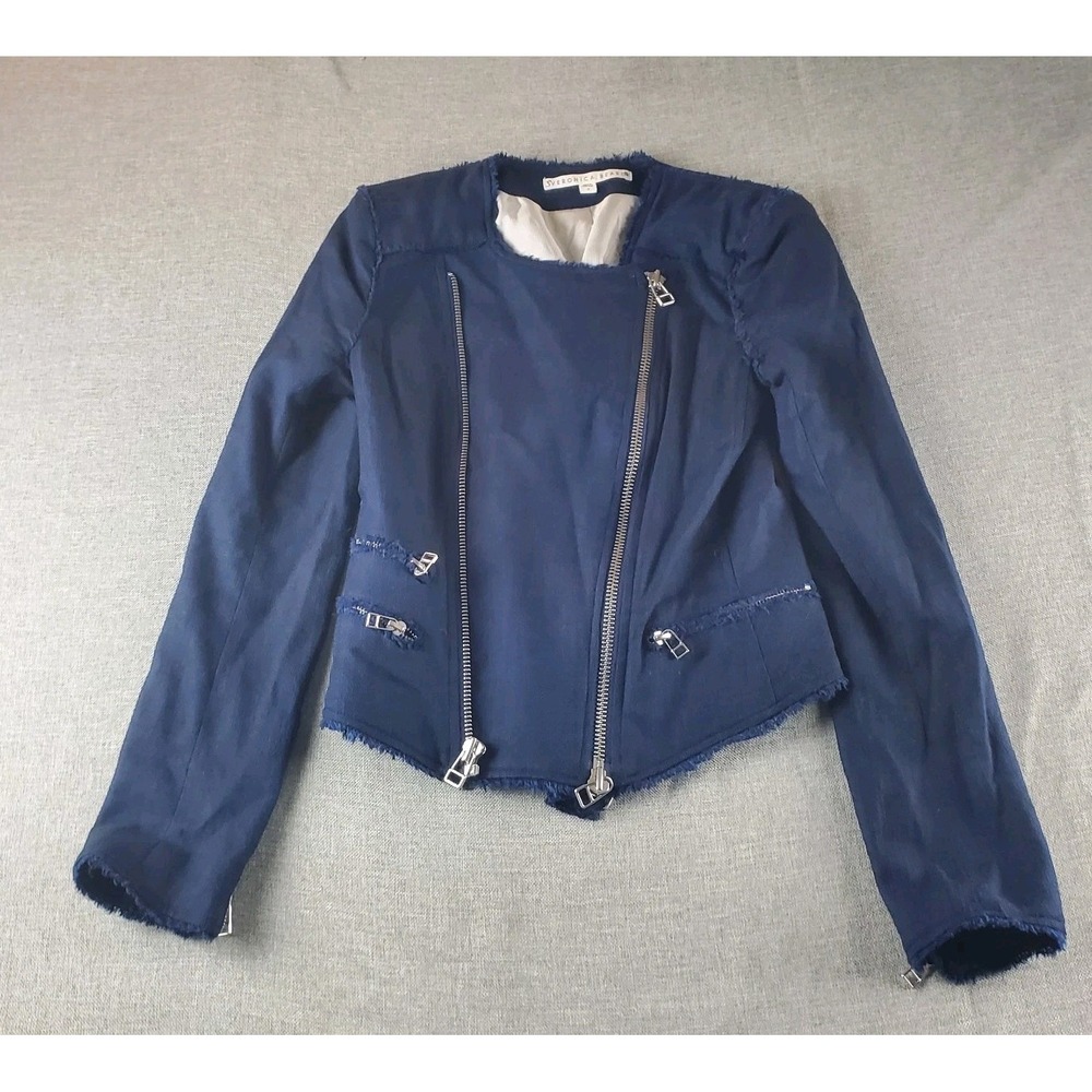 Veronica Beard Stevie Moto Jacket Blue Size 0 Fringe Zip Up Long Sleeves